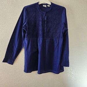 Caribbean Joe Blouse Top Women L Blue Lace Crochet Boho Peasant Hook Front...